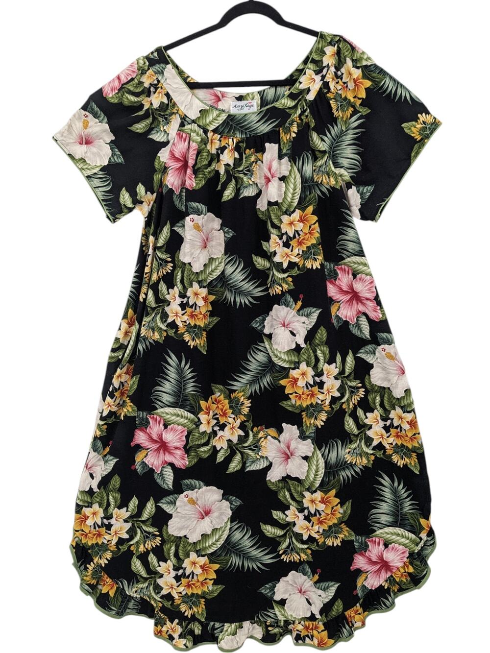 Vintage 1980's KARYL KAYE HAWAIIAN MUMU Cotton Crepe Floral Ruffle Midi Dress 1X